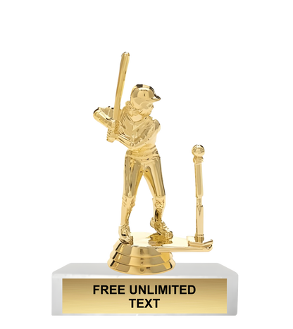 Gold t-ball trophy with a female player holding a bat on a white base