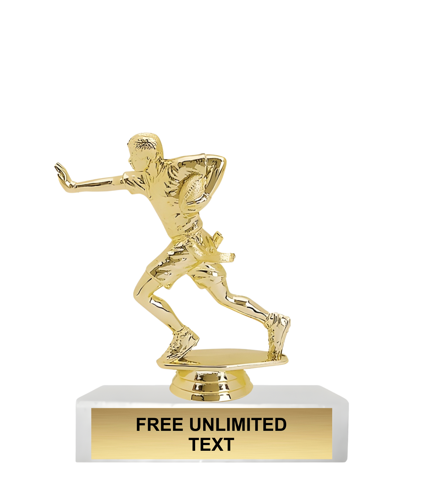 Gold trophy with a male flag football player figure on a white base