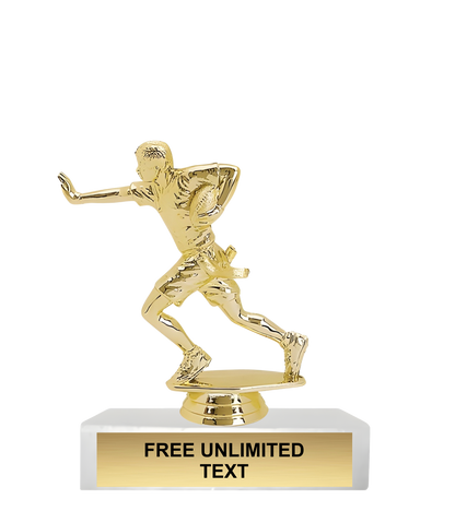 Gold trophy with a male flag football player figure on a white base