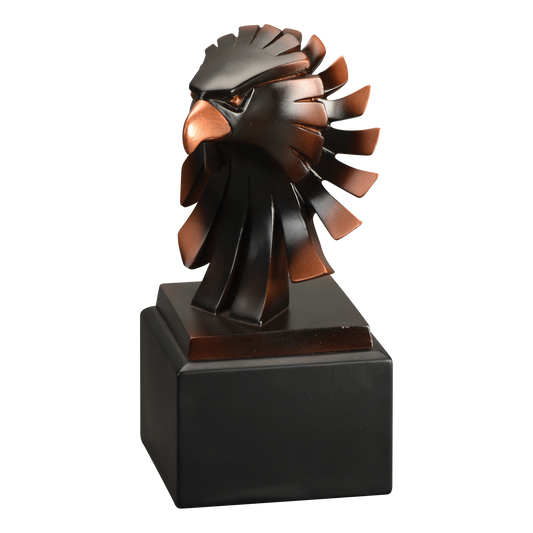 Sculpted eagle head award in semi-gloss bronze finish, 6 inch size, shown against a plain background