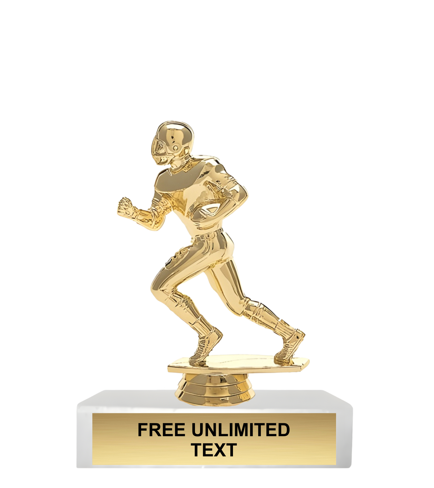 Gold trophy figure of a football player running on a white base with text 'FREE UNLIMITED TEXT'.