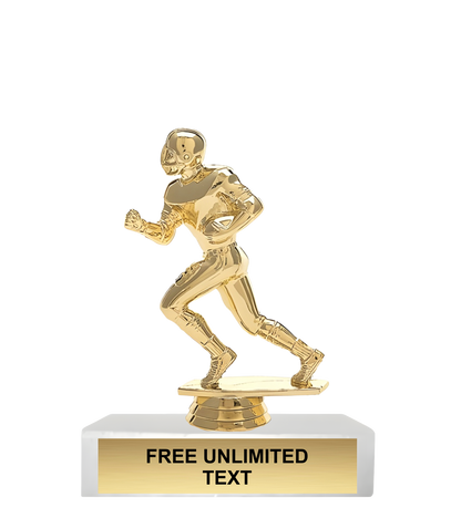 Gold trophy figure of a football player running on a white base with text 'FREE UNLIMITED TEXT'.
