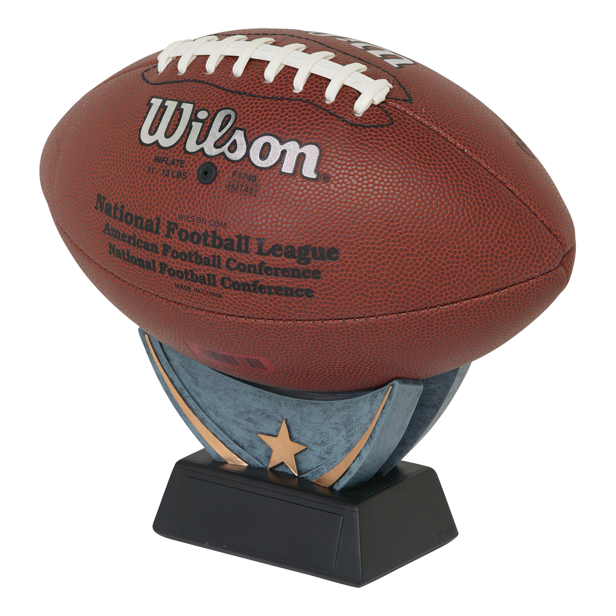 The same resin ball holder shown displaying a full-size football on its black engraving base