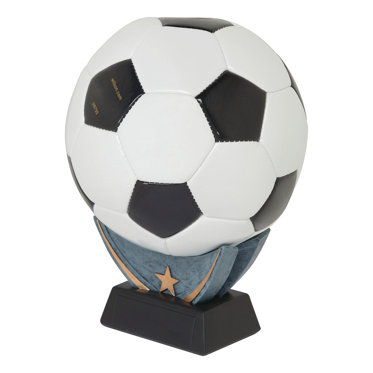 Sculpted resin ball holder displaying a full-size soccer ball, with a star-accented shield and black engraving base