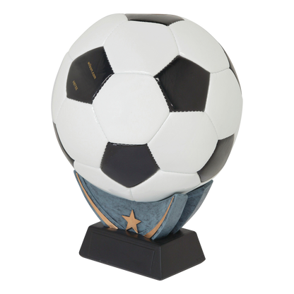 Sculpted resin ball holder displaying a full-size soccer ball, with a star-accented shield and black engraving base