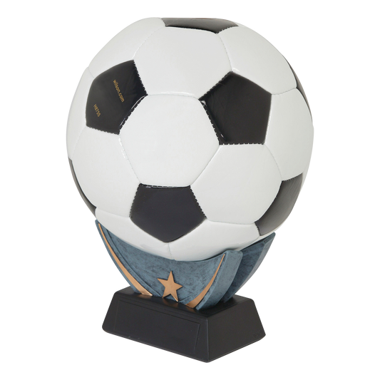 Sculpted resin ball holder displaying a full-size soccer ball, with a star-accented shield and black engraving base