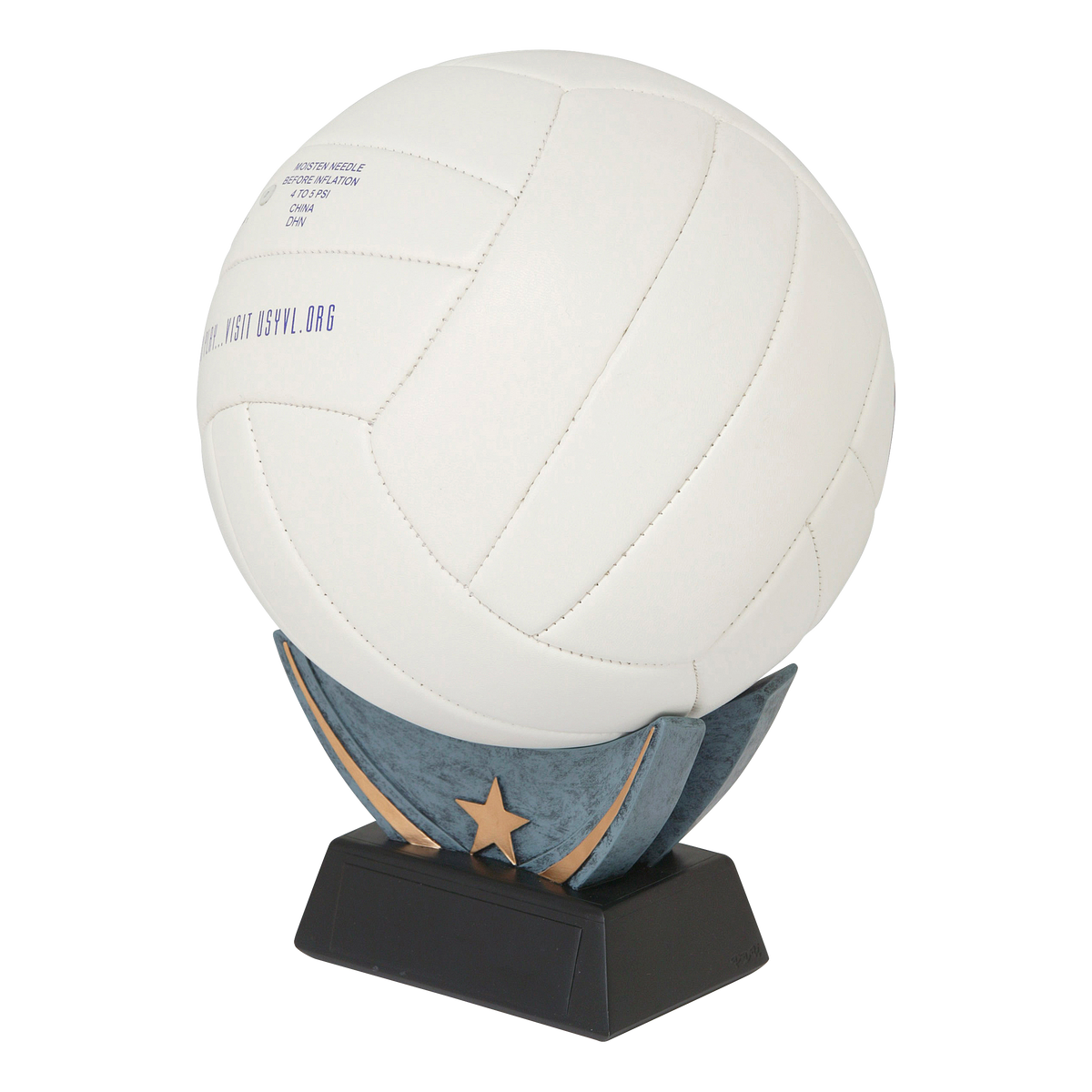 The same resin ball holder shown displaying a full-size volleyball on its black engraving base