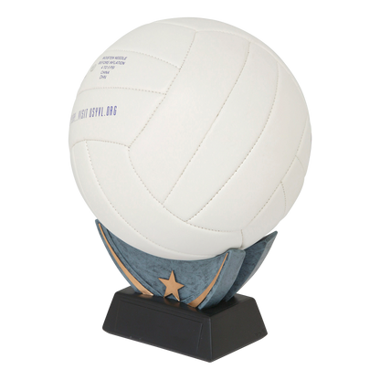 The same resin ball holder shown displaying a full-size volleyball on its black engraving base