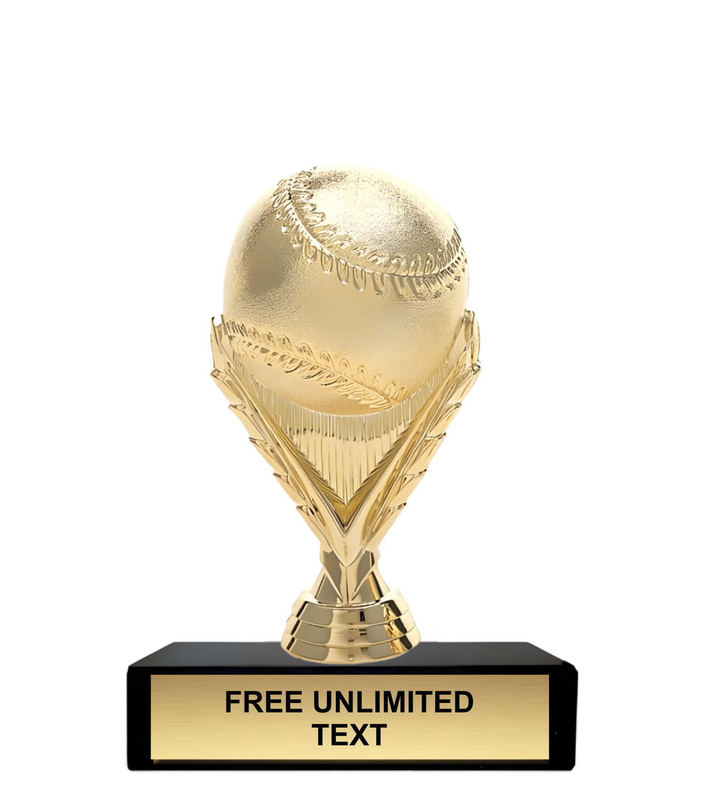 Gold trophy shaped like a baseball on a black base with text space.