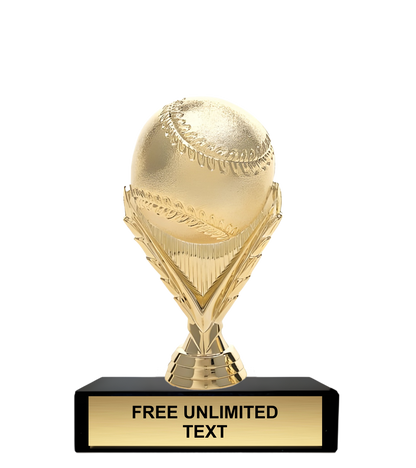 Gold trophy shaped like a baseball on a black base with text space.