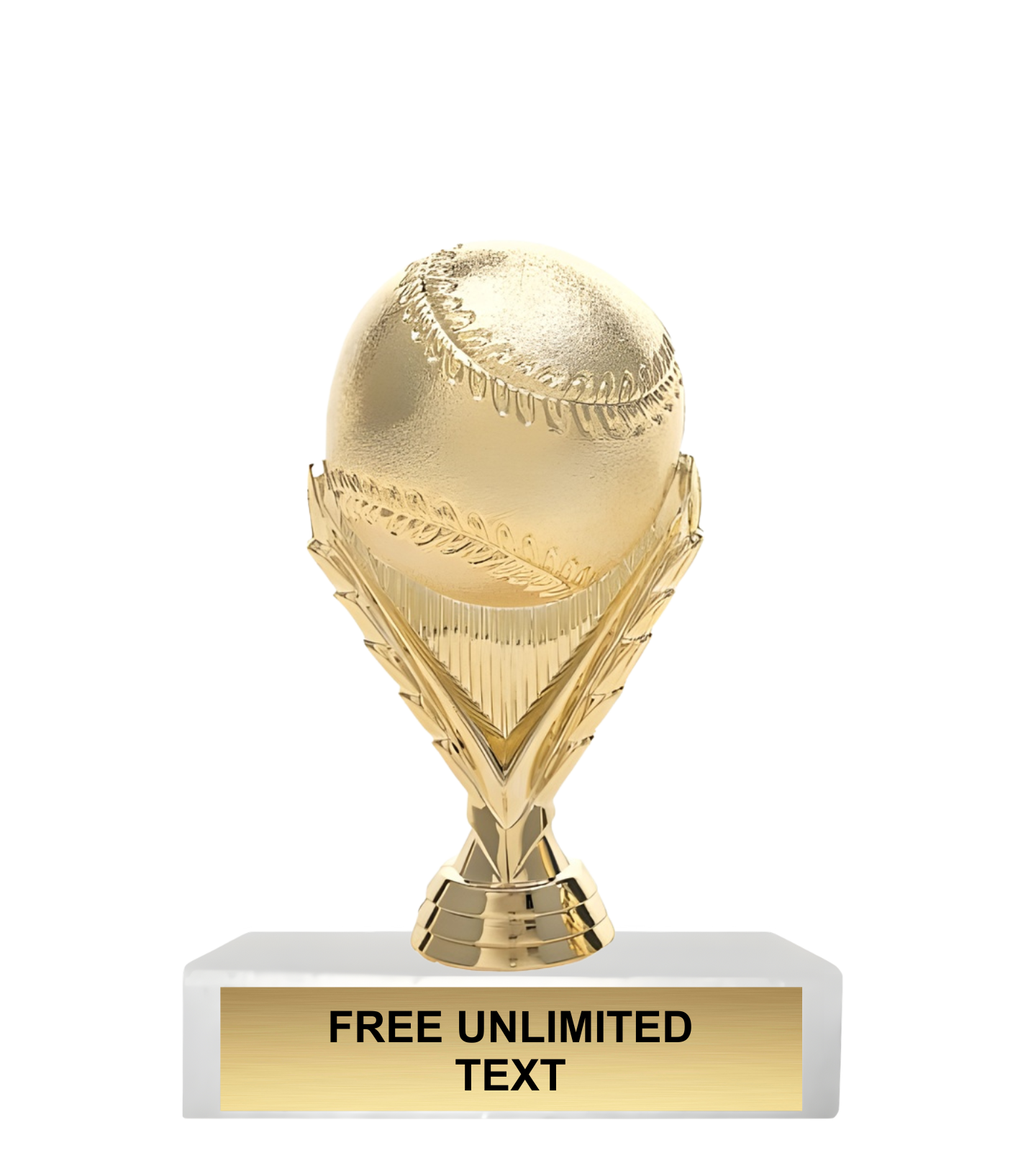 Gold trophy shaped like a baseball with a white base and gold text area.