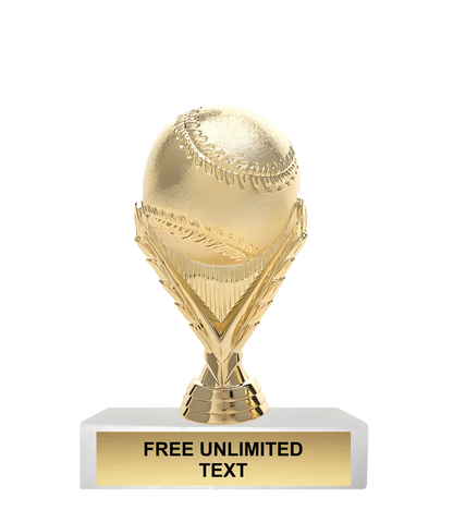 Gold trophy shaped like a baseball with a white base and gold text area.