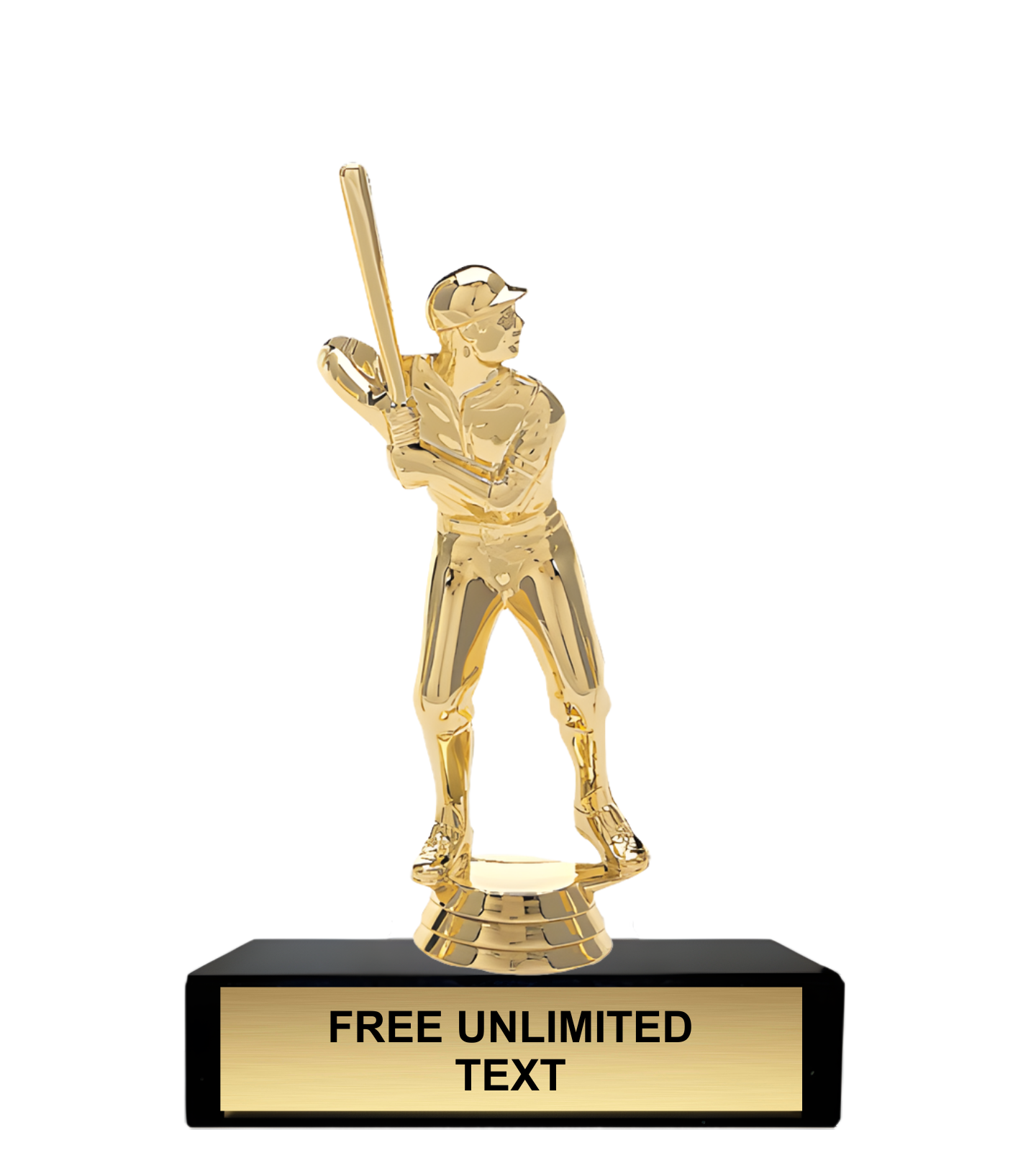 Gold trophy of a male baseball player on a black base with customizable text.