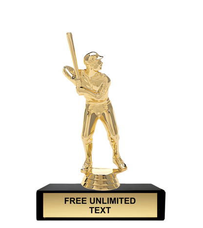 Gold trophy of a male baseball player on a black base with customizable text.