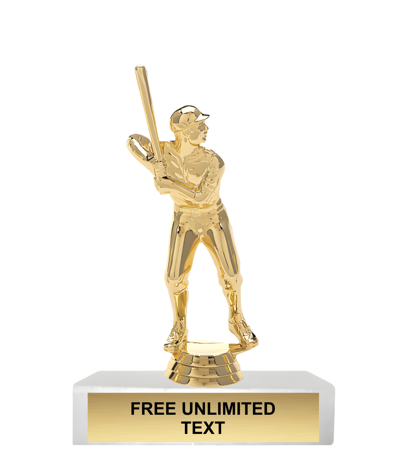 Gold trophy of a male baseball player on a white base