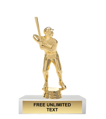 Gold trophy of a male baseball player on a white base