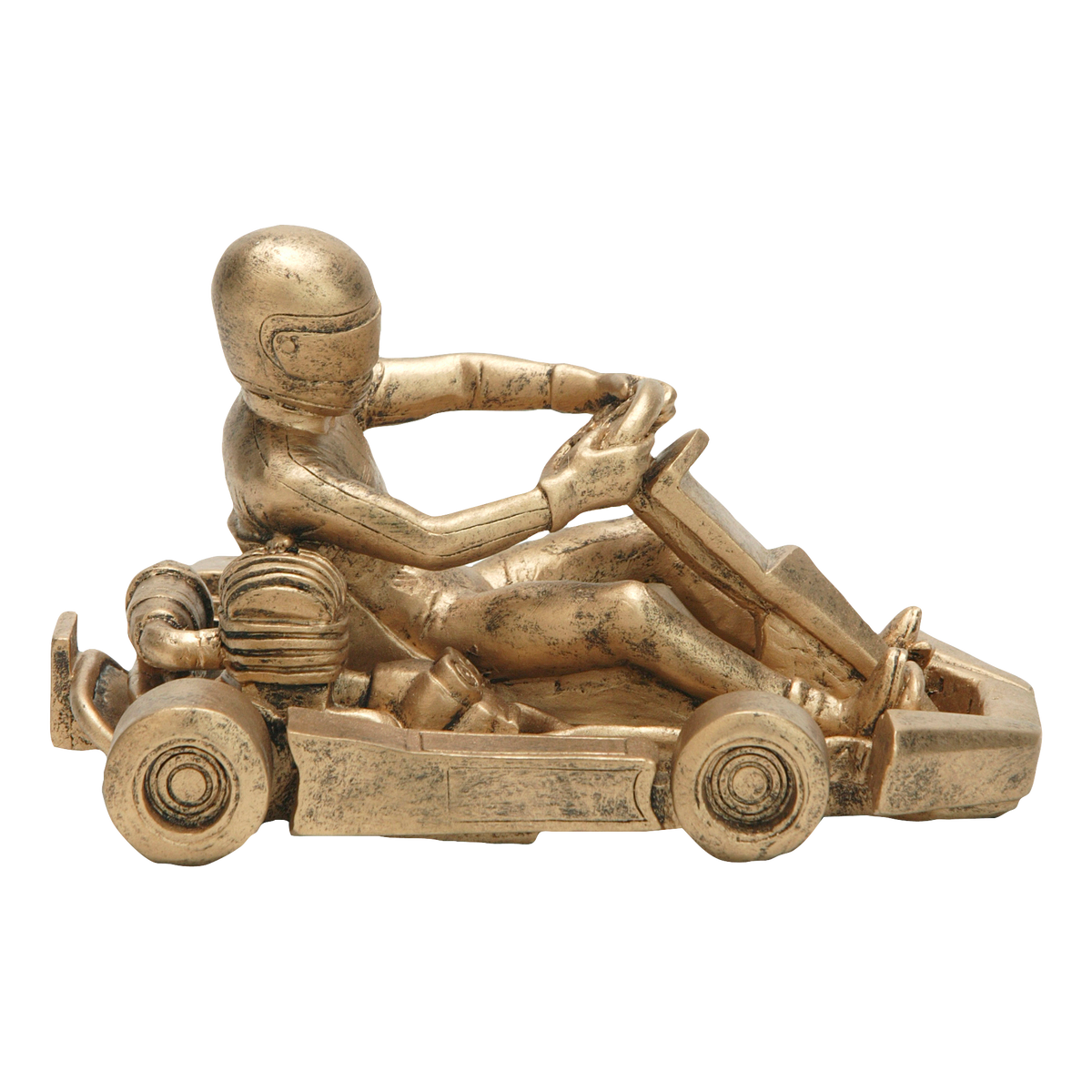 Go-kart racer sculpture trophy with a helmeted driver in an antique gold finish