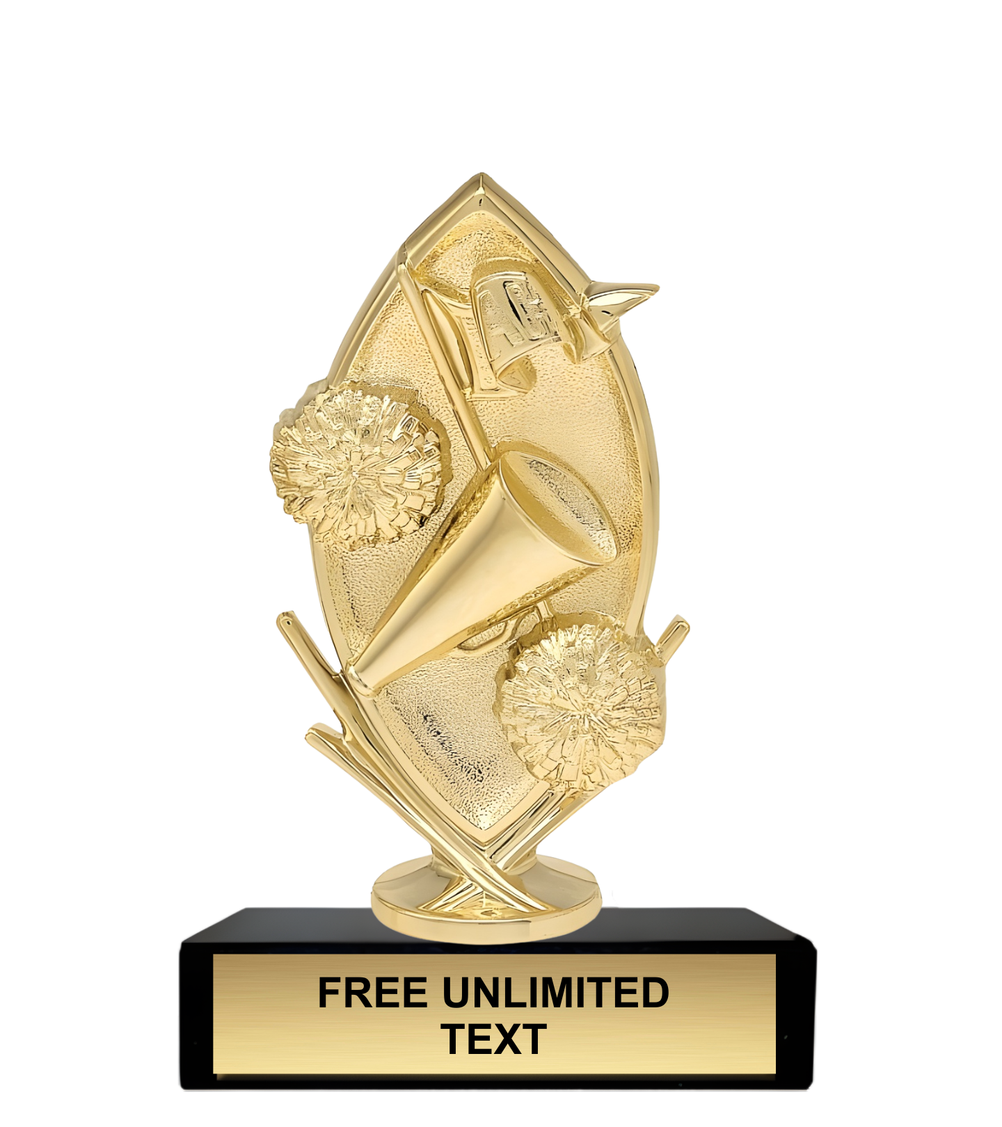 Gold cheer trophy with a black base displaying 'FREE UNLIMITED TEXT'.