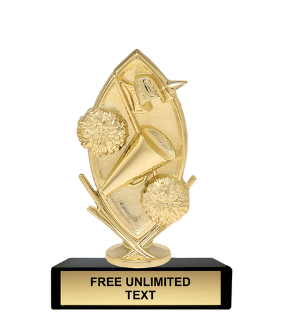 Gold cheer trophy with a black base displaying 'FREE UNLIMITED TEXT'.