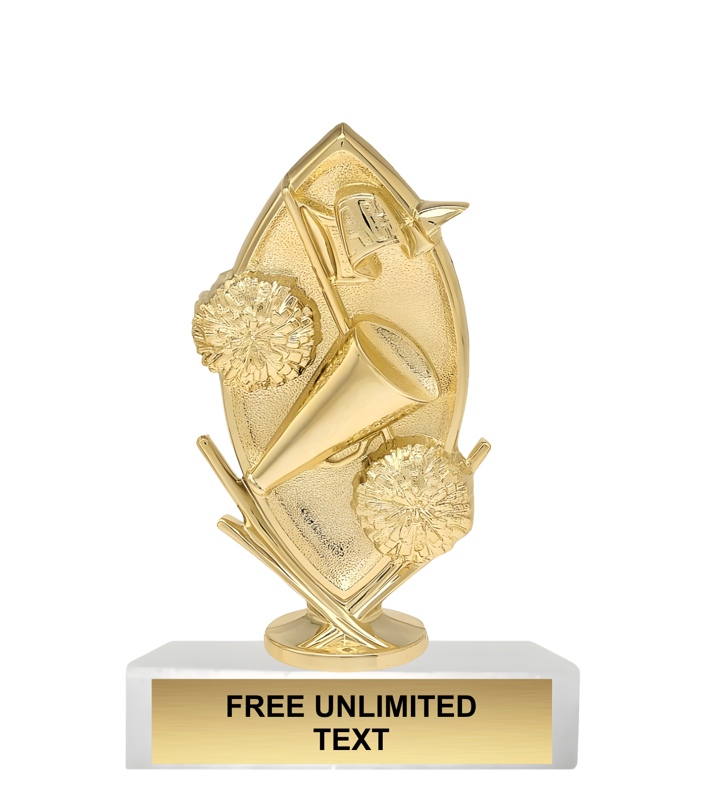 Gold cheer trophy with a white base displaying 'FREE UNLIMITED TEXT'.