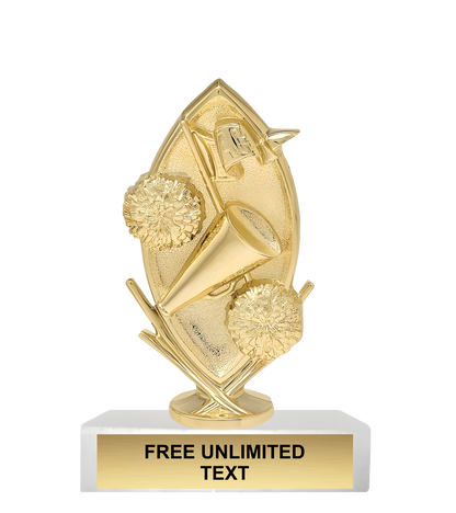 Gold cheer trophy with a white base displaying 'FREE UNLIMITED TEXT'.