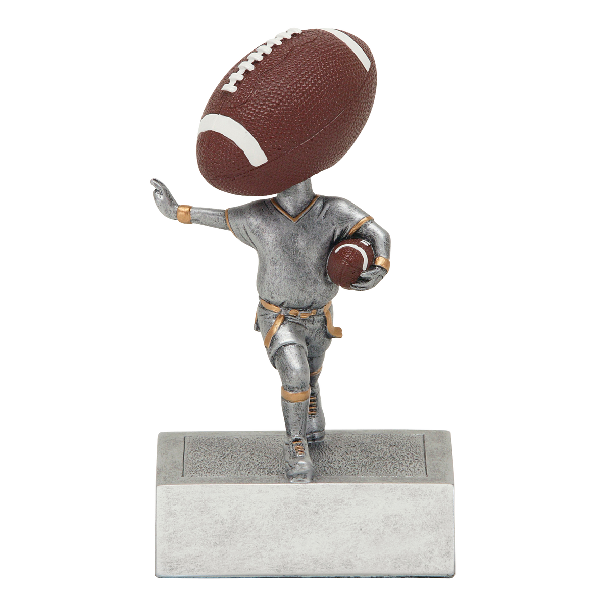 Flag football bobblehead trophy with an oversized football head on a silver player with flag belt