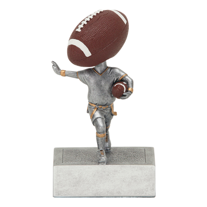 Flag football bobblehead trophy with an oversized football head on a silver player with flag belt