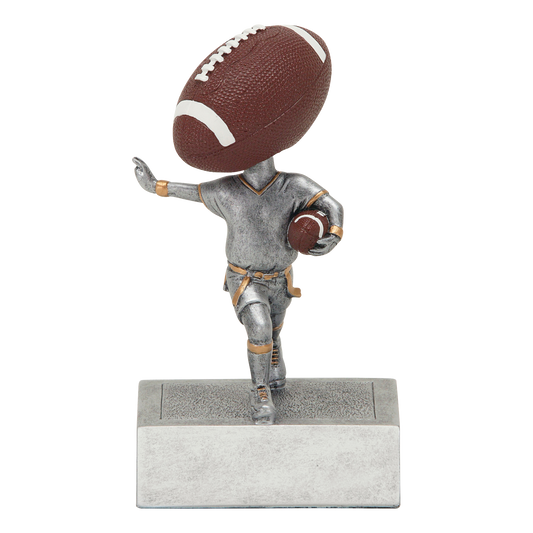 Flag football bobblehead trophy with an oversized football head on a silver player with flag belt