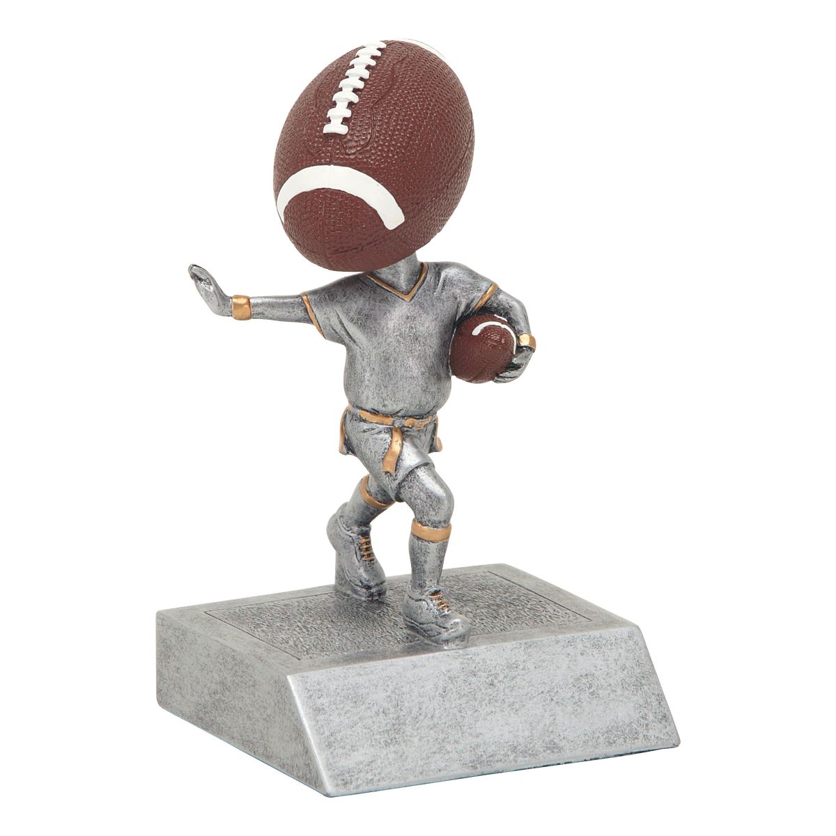 Flag football bobblehead trophy shown from an angle