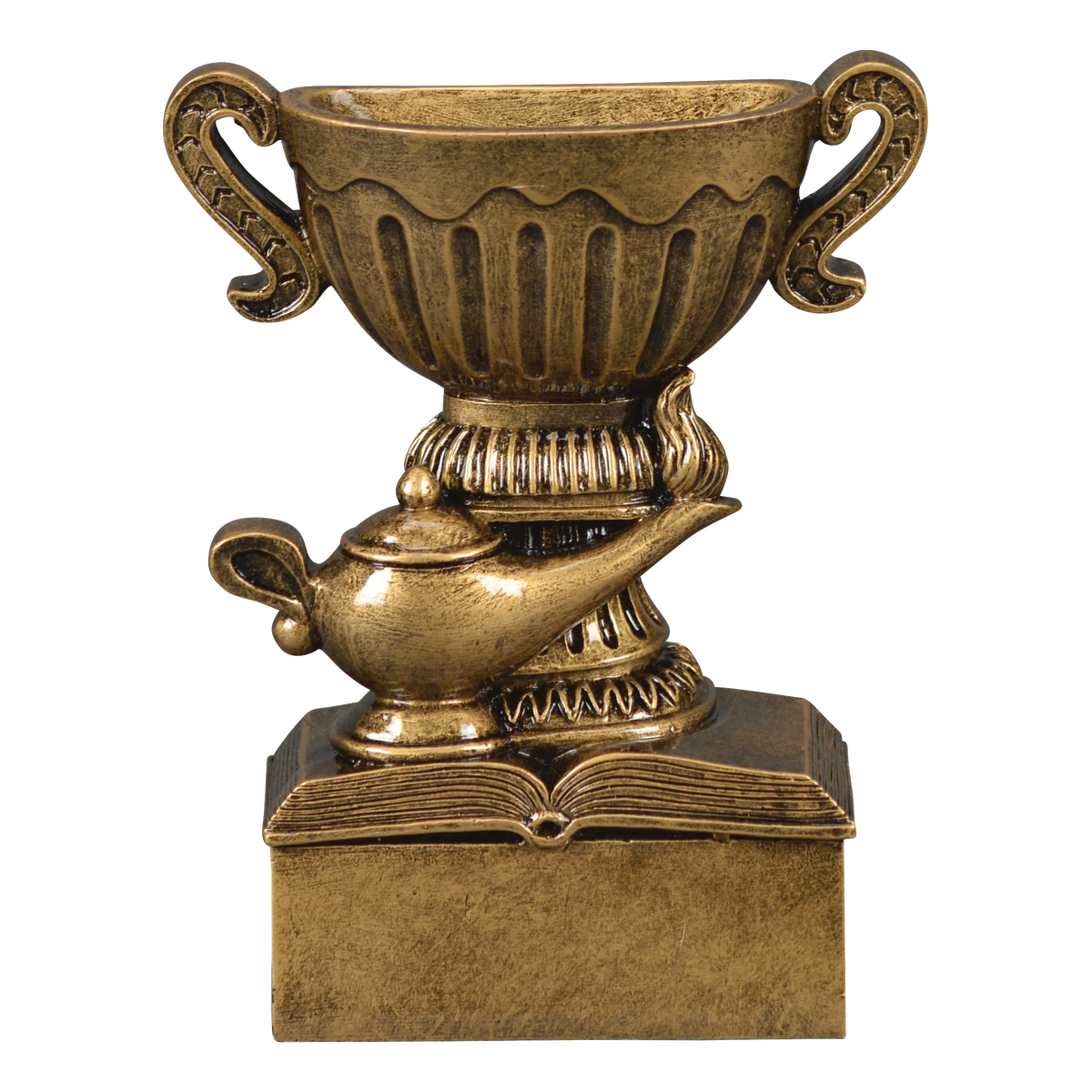 Bronze-tone academic cup trophy with a lamp of knowledge and open book