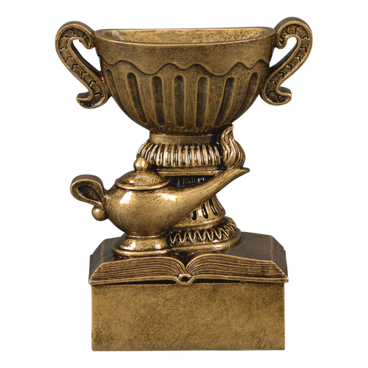 Bronze-tone academic cup trophy with a lamp of knowledge and open book