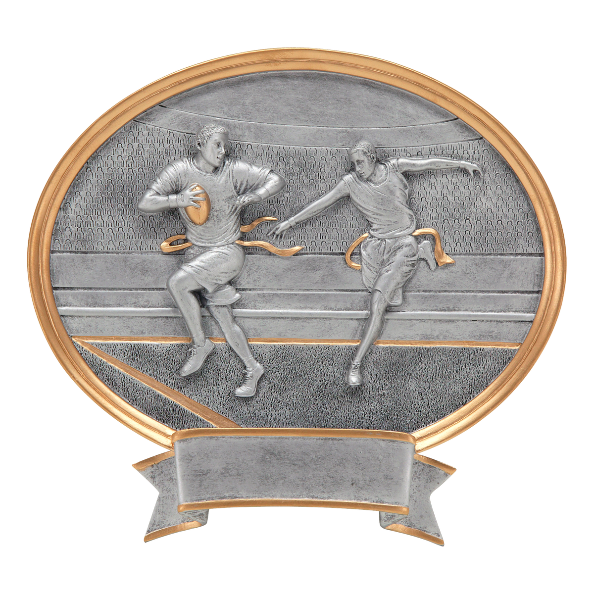 Oval flag football award with a defender reaching for a ball carrier's flag in silver relief and a banner plate