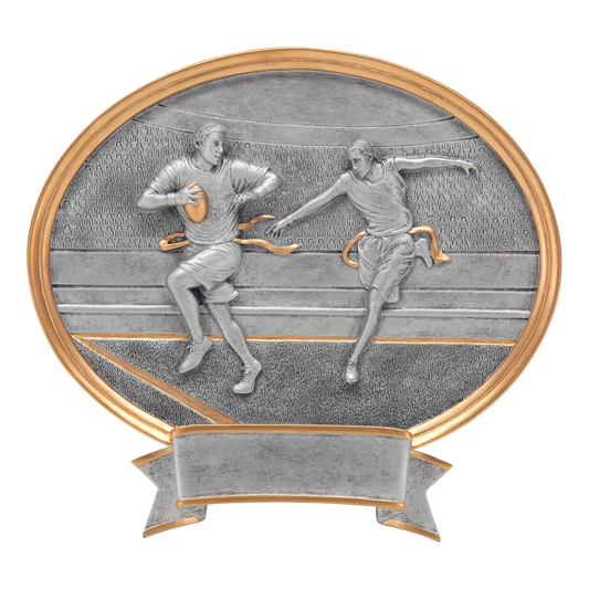 Oval flag football award with a defender reaching for a ball carrier's flag in silver relief and a banner plate