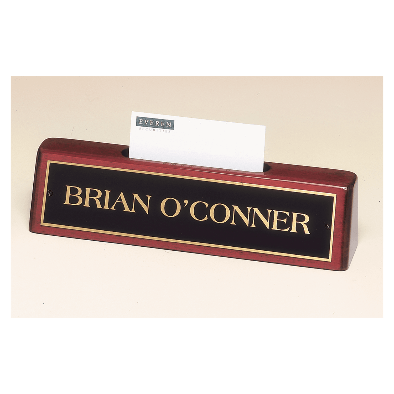 8 1/4" x 2" x 1 1/4" Rosewood Piano Finish Nameplate with Business Card Holder and Black Plate