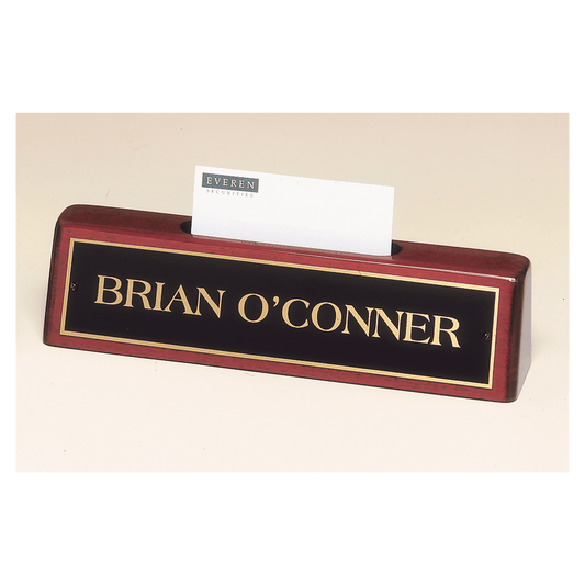 8 1/4" x 2" x 1 1/4" Rosewood Piano Finish Nameplate with Business Card Holder and Black Plate