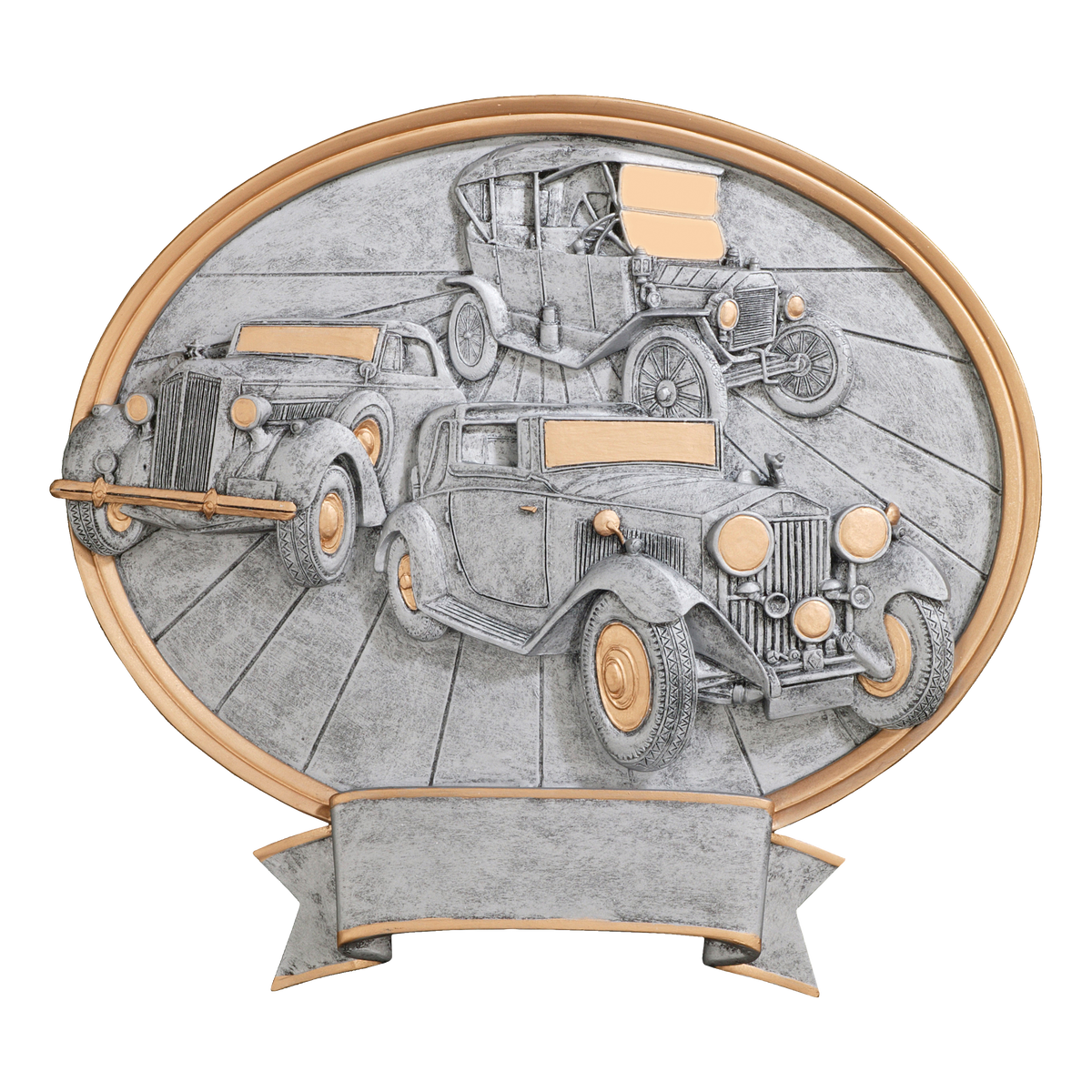Oval antique car award with vintage automobiles in silver relief