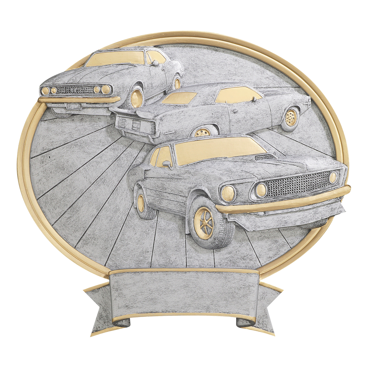 Oval muscle car award with classic American muscle cars in silver relief