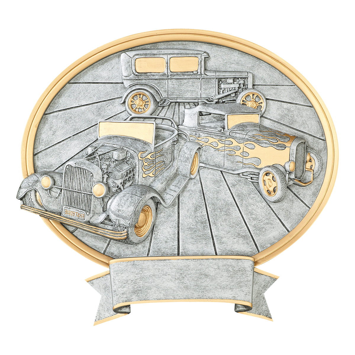 Oval hot rod award with flamed hot rods in silver relief