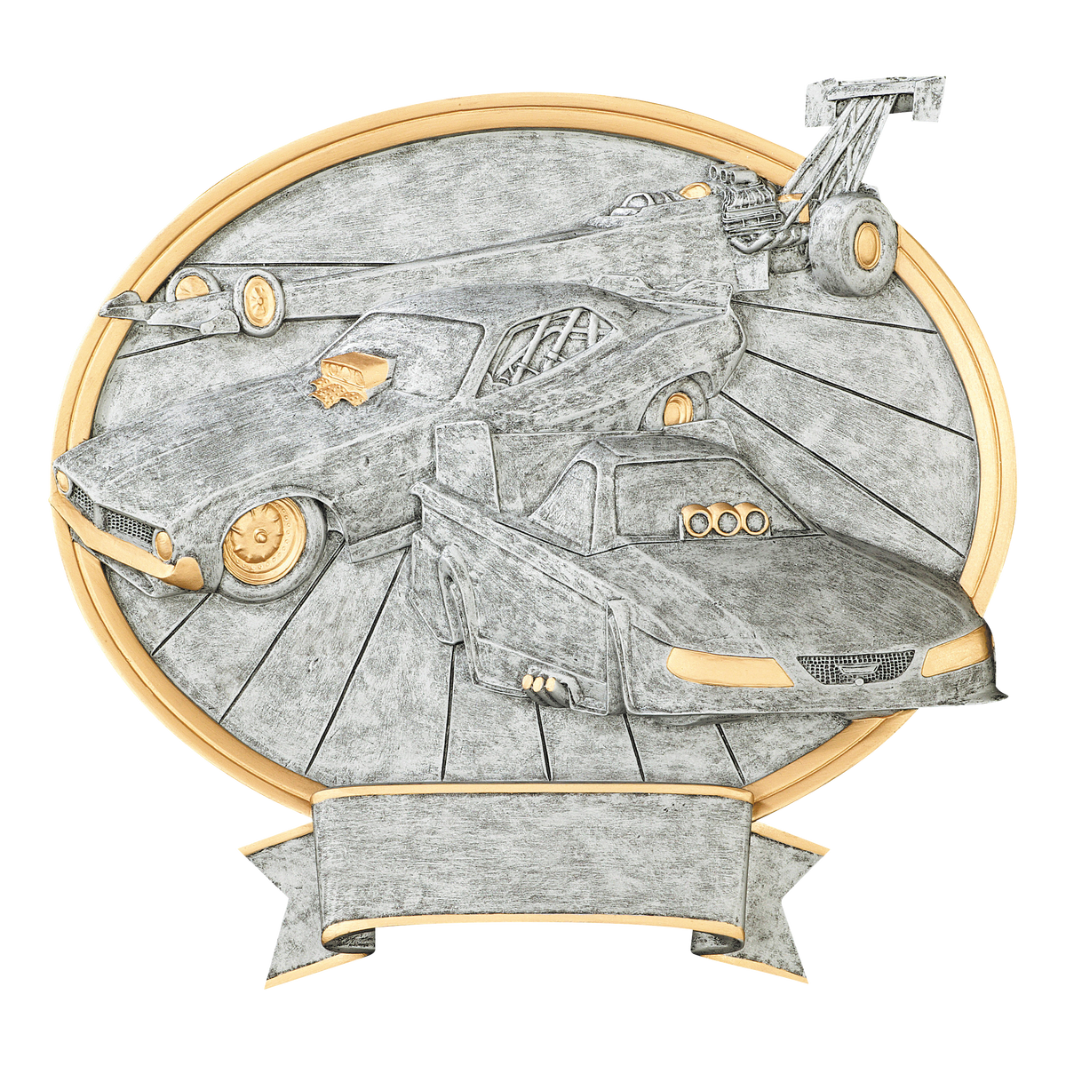 Oval dragster award with a top-fuel dragster and funny car in silver relief