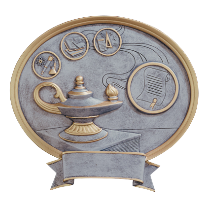 Oval Legend academic award with a lamp of knowledge and diploma in silver relief, 8 1/2 inch