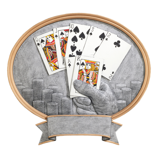 Oval poker award with full-color playing cards over stacks of chips in silver relief