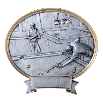 Oval billiards award with a male player breaking at a pool table in silver relief, 8 1/2 inch