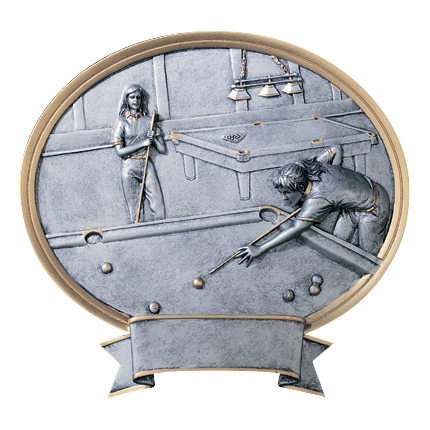 Oval billiards award with a female player breaking at a pool table in silver relief, 8 1/2 inch