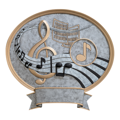 Oval Legend music award with a treble clef and notes in silver relief, 8 1/2 inch