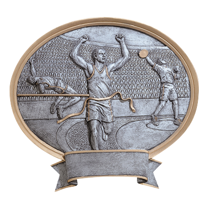 Oval Legend track award with a male runner breaking the tape between a jumper and hurdler, 8 1/2 inch