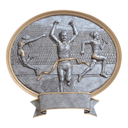 Oval Legend track award with a female runner breaking the tape between a jumper and hurdler, 8 1/2 inch