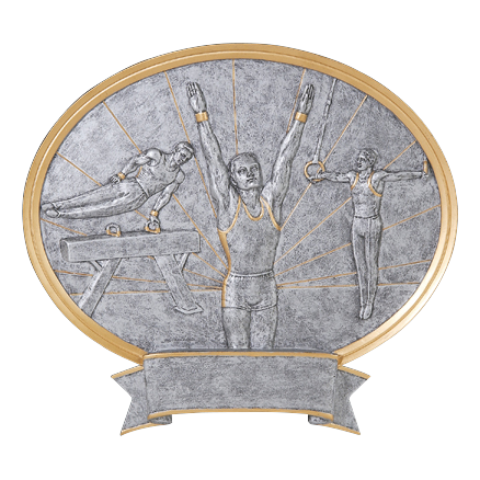Oval gymnastics award with male gymnasts in silver relief, gold trim and a banner engraving plate