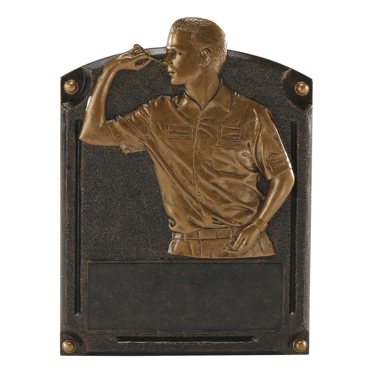 Legends of Fame darts plaque with a bronze high-relief dart player and an engraving area