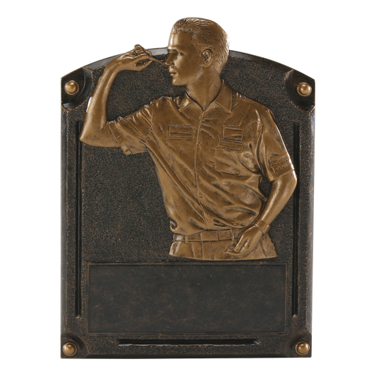 Legends of Fame darts plaque with a bronze high-relief dart player and an engraving area