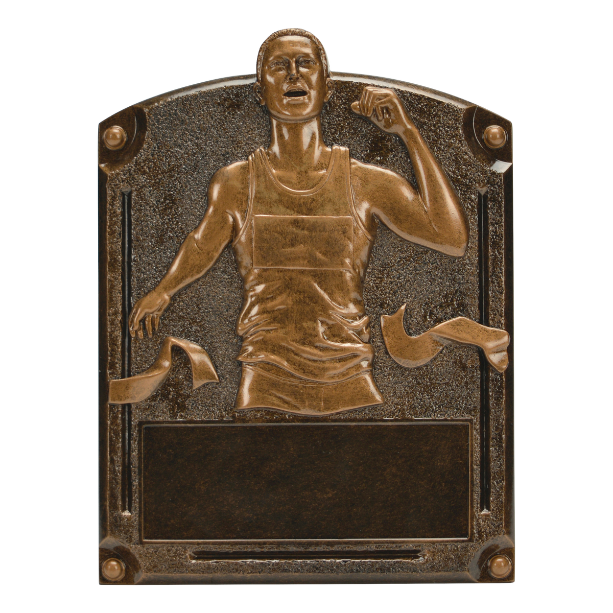 Legends of Fame track plaque with a bronze high-relief male runner breaking the finish tape and an engraving area